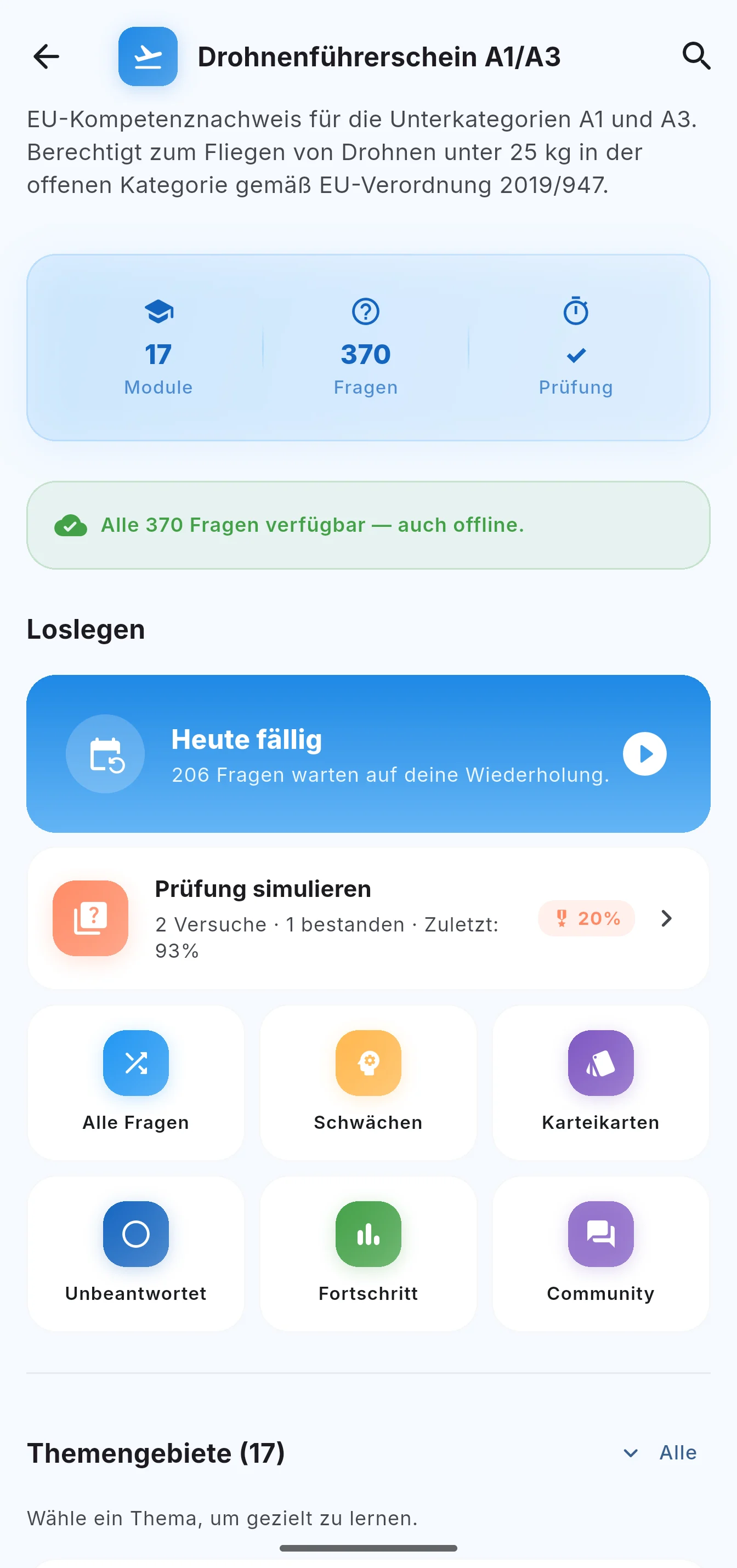 Der Drohnenführerschein A1/A3: 17 Module, 370 Fragen auch offline, die heute fälligen Fragen und die Lernmodi.