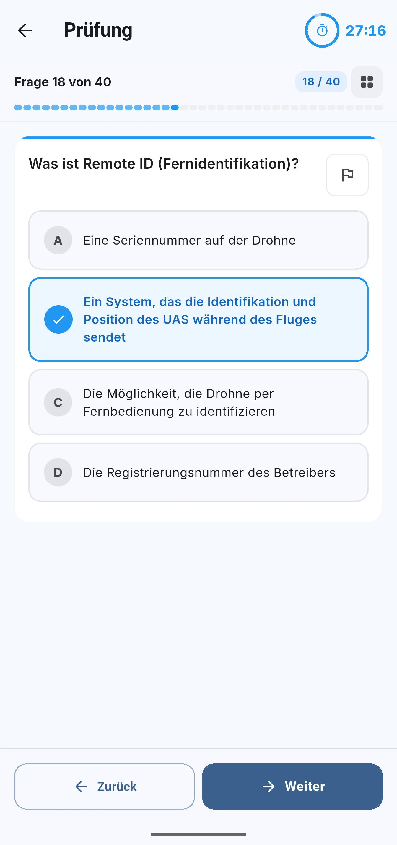 Prüfungssimulation: Frage 18 von 40, mit der verbleibenden Zeit.