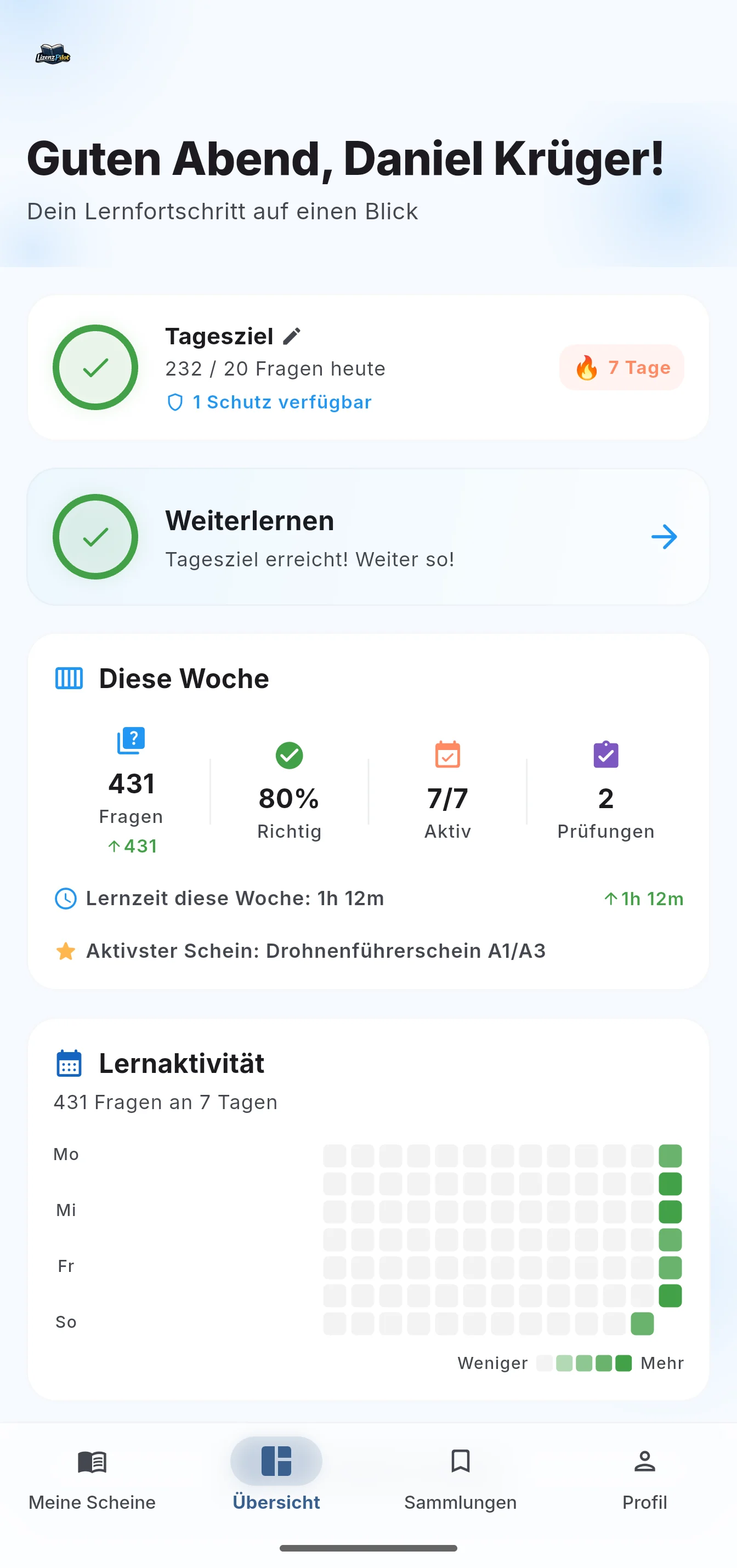 Lernfortschritt: Tagesziel, Lernserie, die Woche in Zahlen und die Lernaktivität.