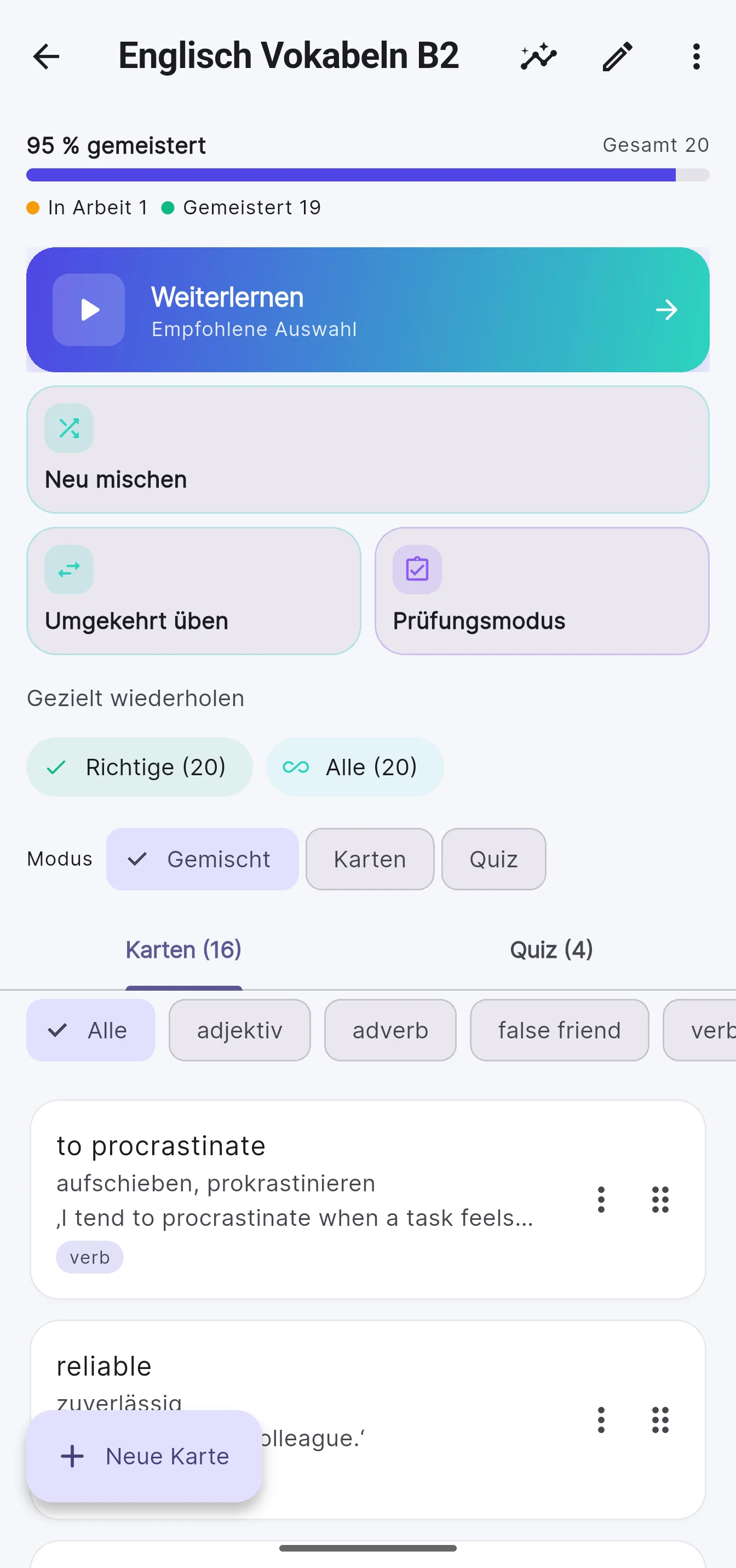 Ein Deck mit Lernfortschritt, Lernmodi und seinen Karten.