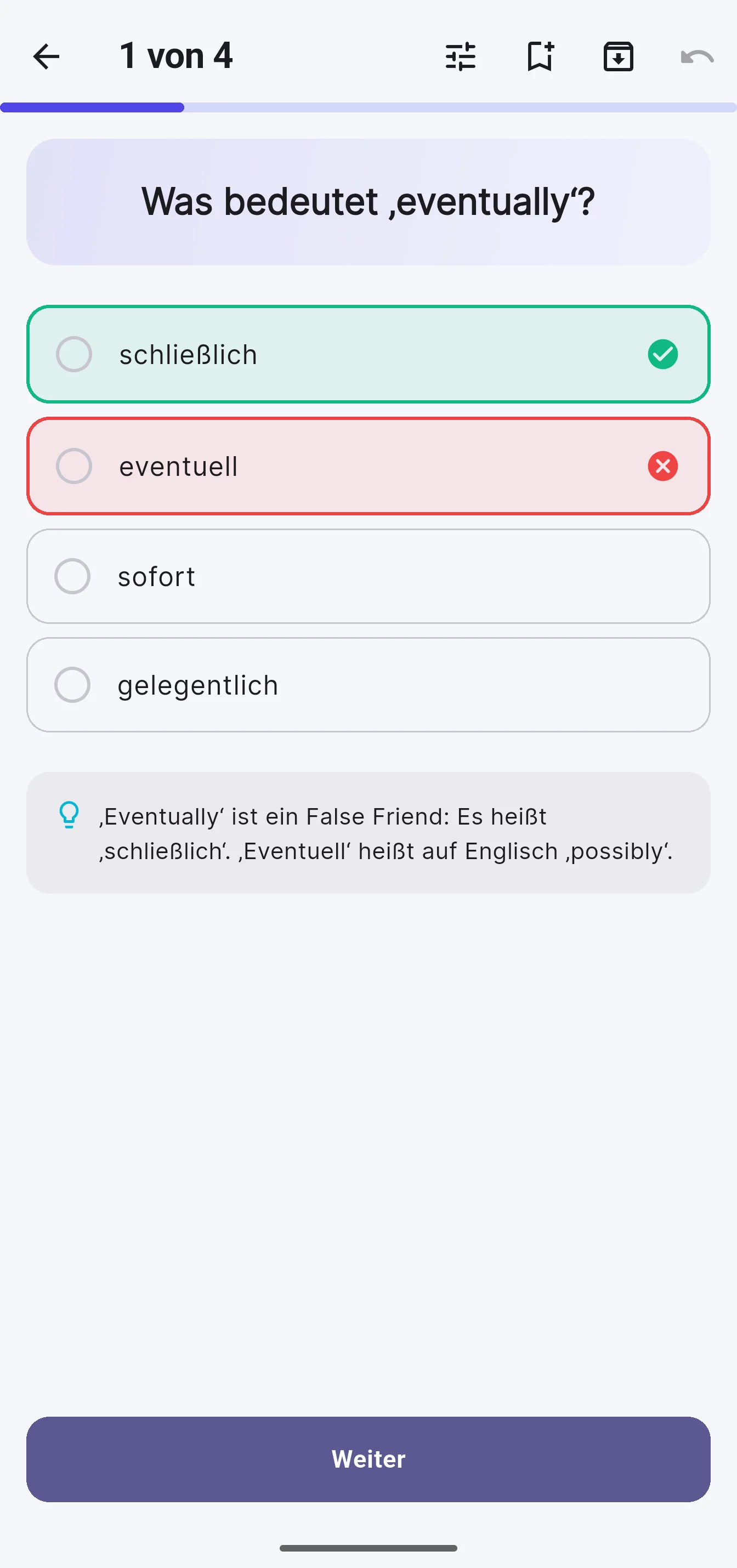 Eine Multiple-Choice-Frage nach der Antwort: die richtige grün markiert, mit Erklärung.