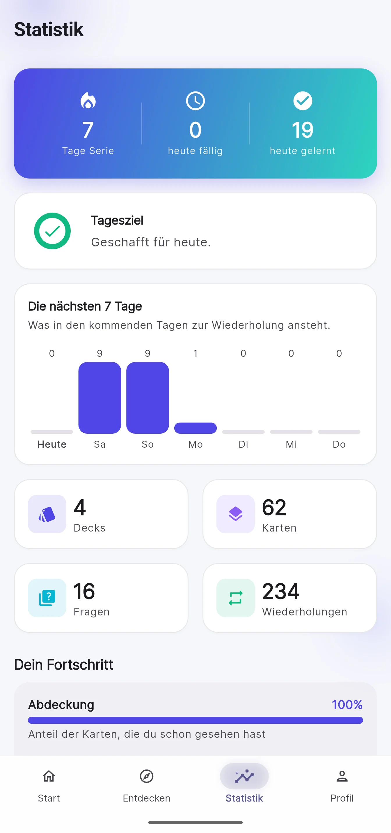 Statistik: Lernserie, Tagesziel und die Wiederholungen der nächsten sieben Tage.