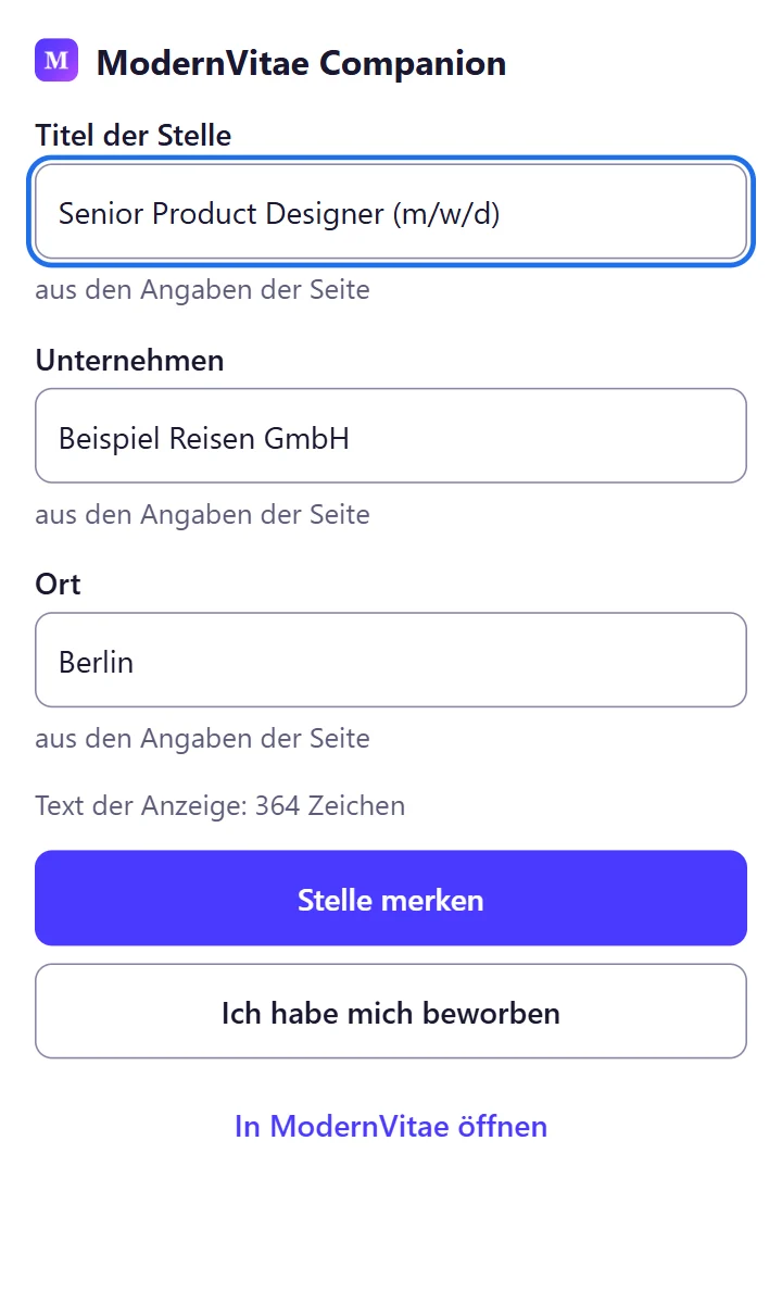 ModernVitae Companion für Chrome und Edge: Titel, Unternehmen und Ort der geöffneten Stellenanzeige, bereit zum Merken.