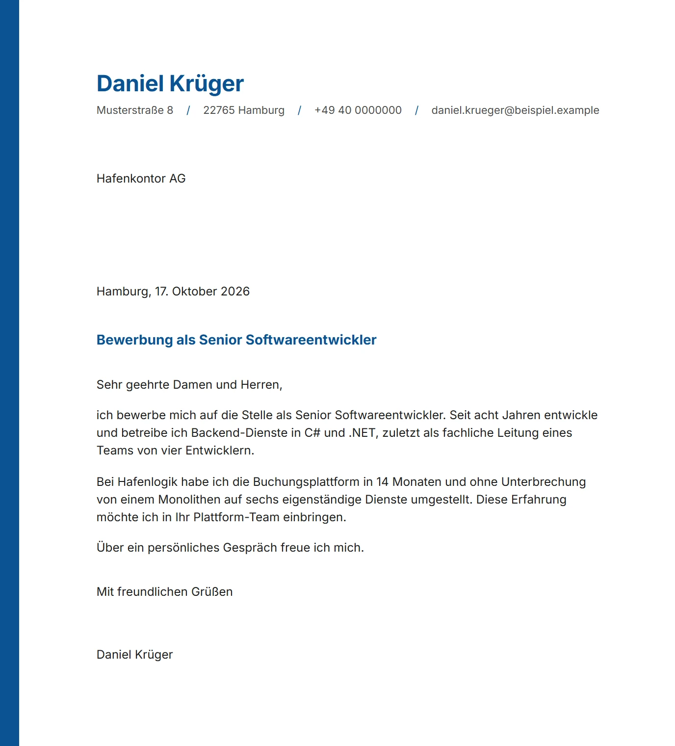 Ein fertiges Anschreiben im Design des Lebenslaufs.