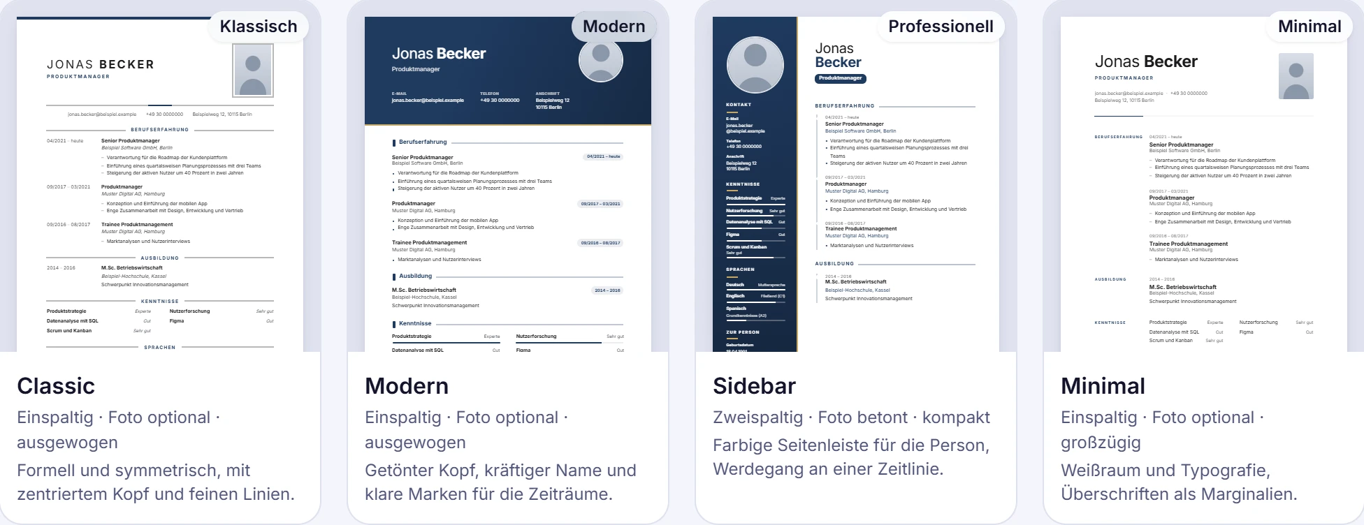 Vier der 62 Lebenslaufvorlagen mit je einer kurzen Beschreibung.