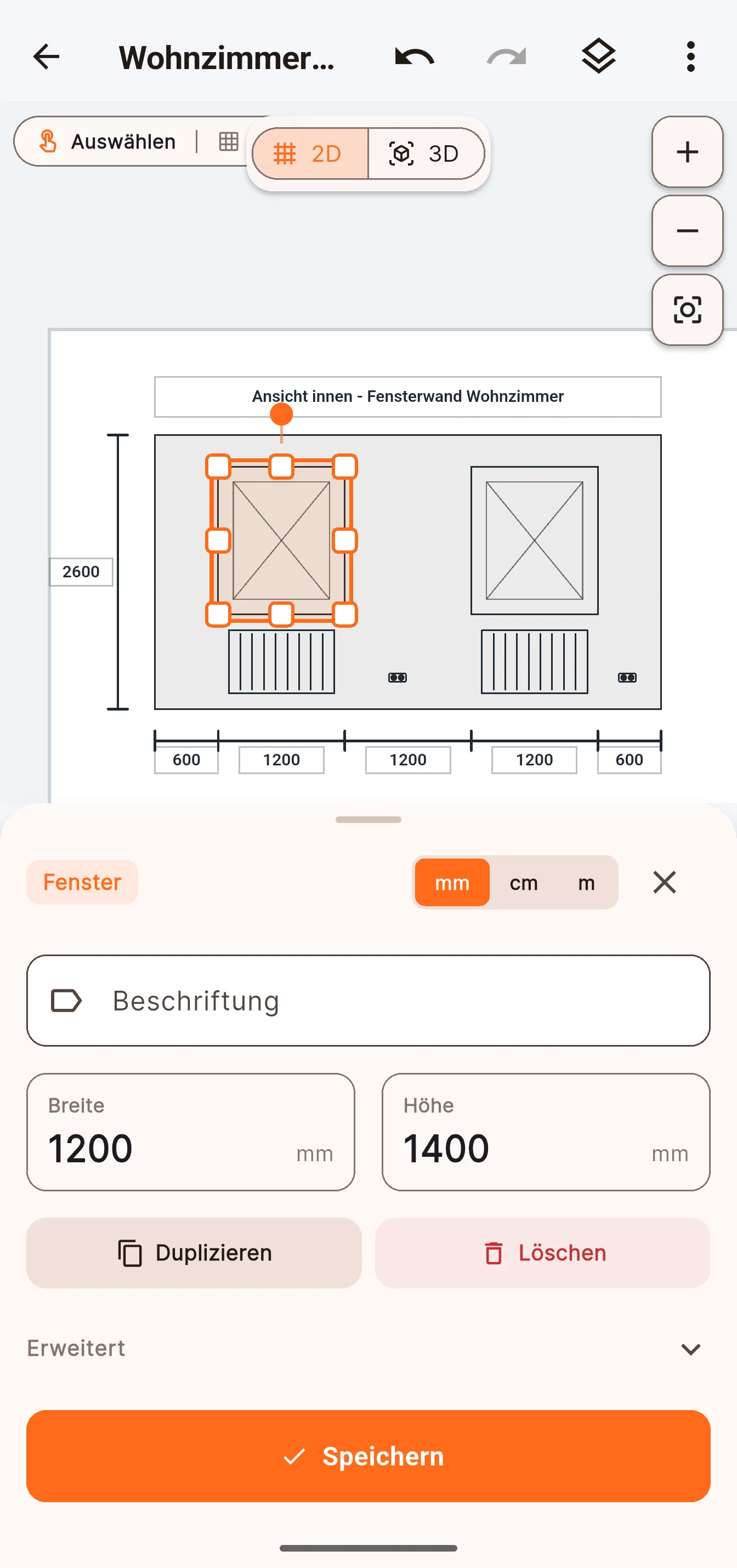 Ein ausgewähltes Fenster in der Wandansicht, mit Breite und Höhe in Millimetern und Umschalter zwischen mm, cm und m.