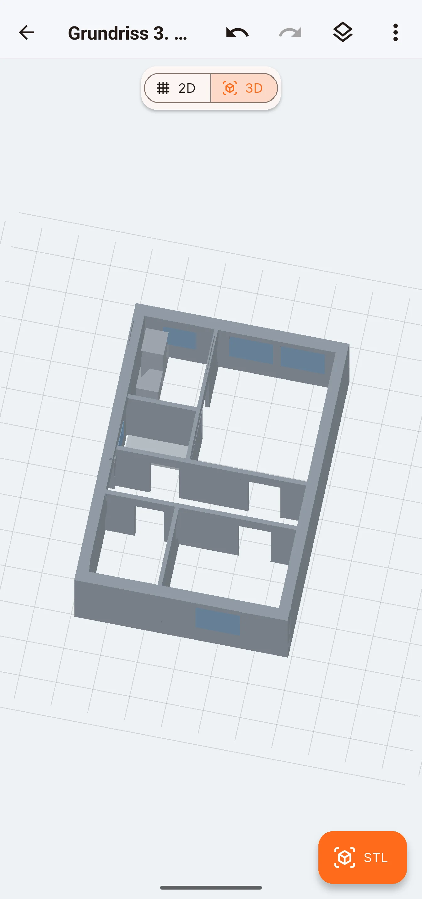 Derselbe Grundriss als 3D-Modell mit Wänden, Fensteröffnungen und Einrichtung, dazu die Schaltfläche für den STL-Export.