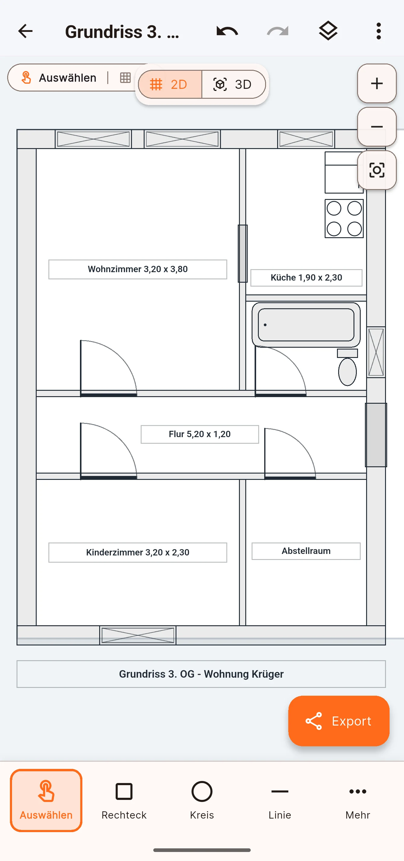 Grundriss einer Wohnung mit Räumen und Maßen, Türen, Fenstern, Küche mit Herd und Bad mit Wanne und WC.