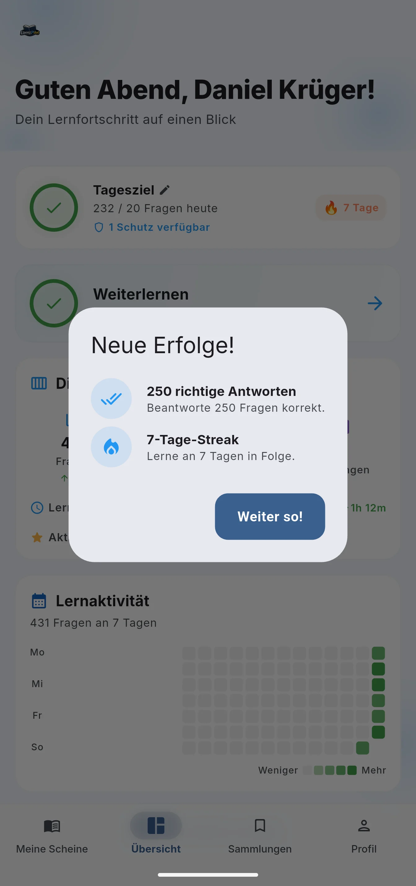New achievements: 250 correct answers and a seven-day streak.