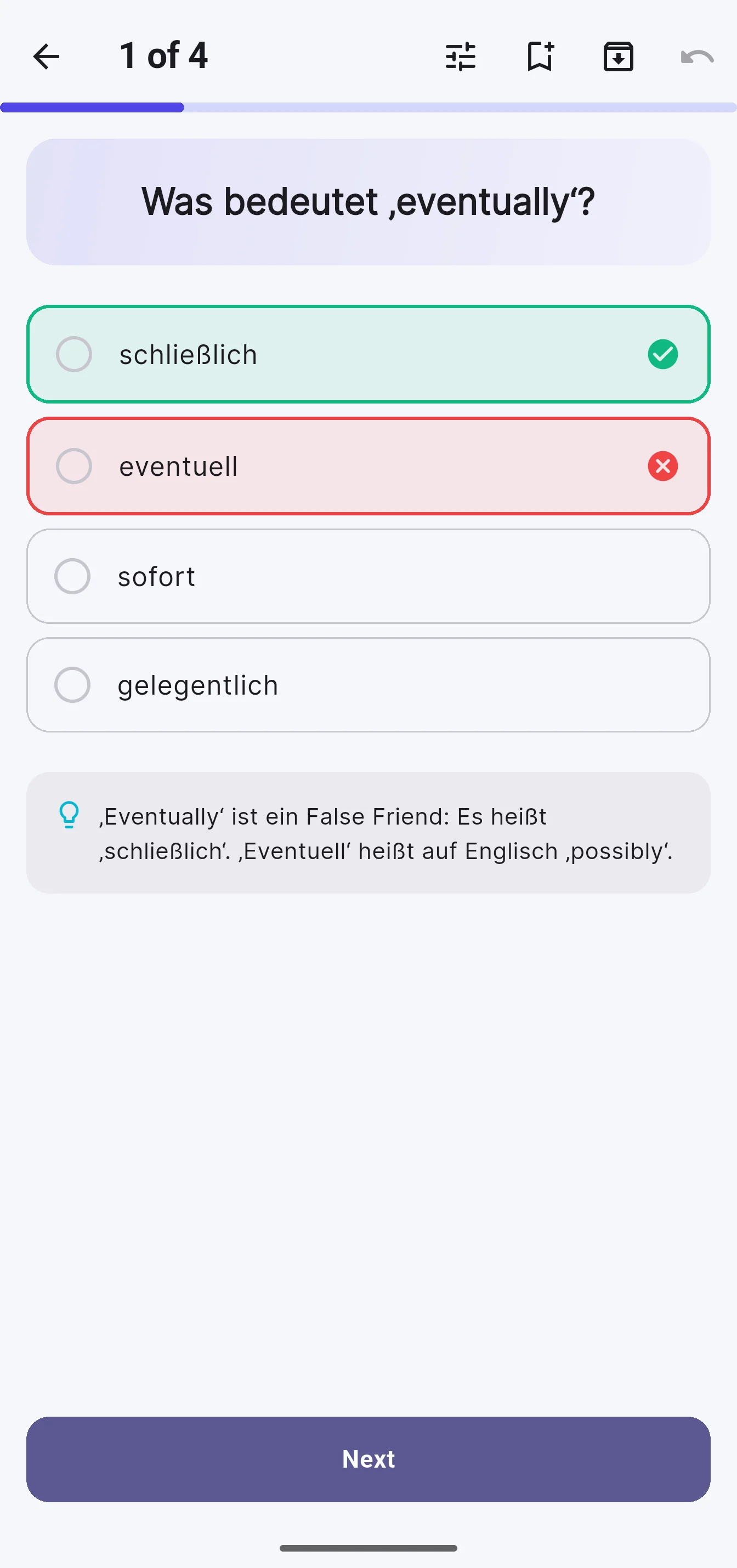 A multiple-choice question after answering: the right answer in green, with an explanation.