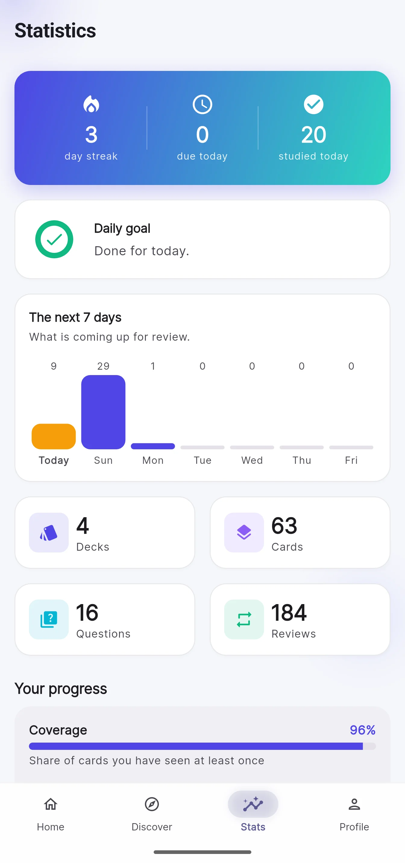 Statistics: streak, daily goal and the reviews due in the next seven days.