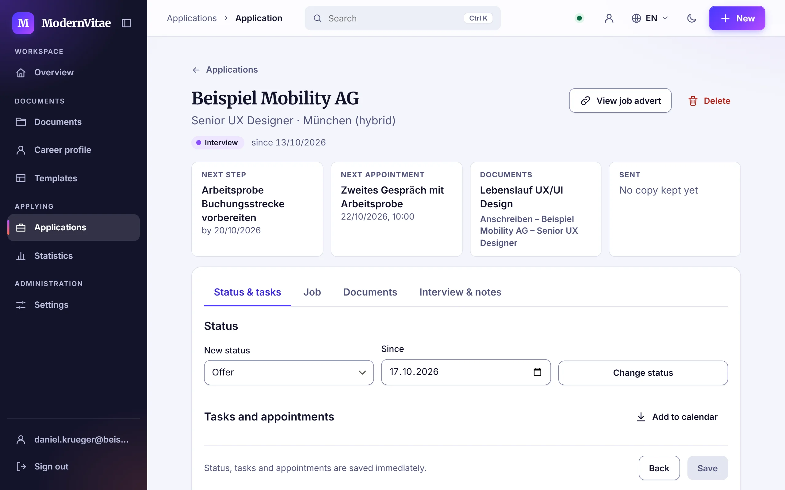 One application: next step, next appointment, the documents used and its status.