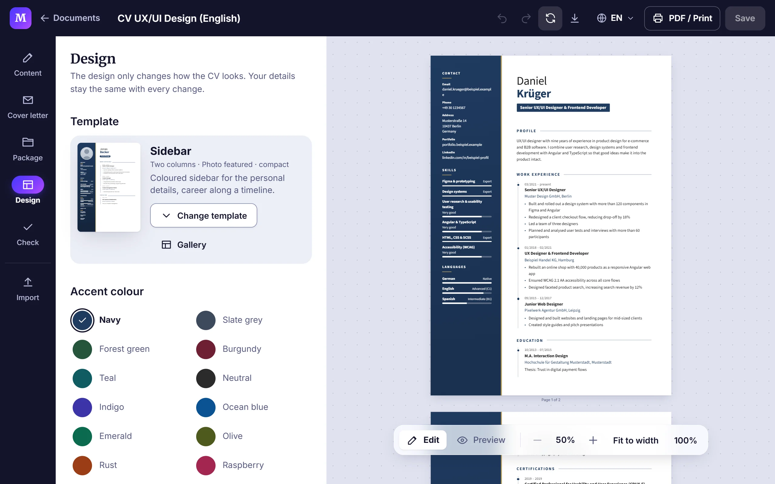 Design of a CV: template, accent colour and the live preview.