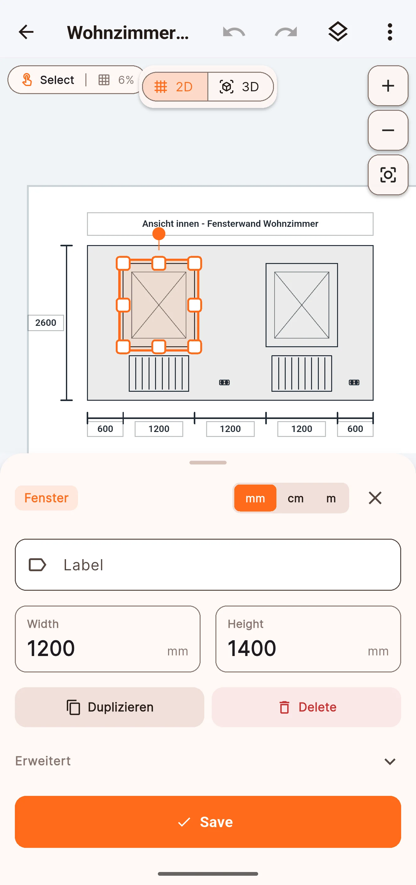A window selected on the wall view, with its width and height in millimetres and a switch between mm, cm and m.