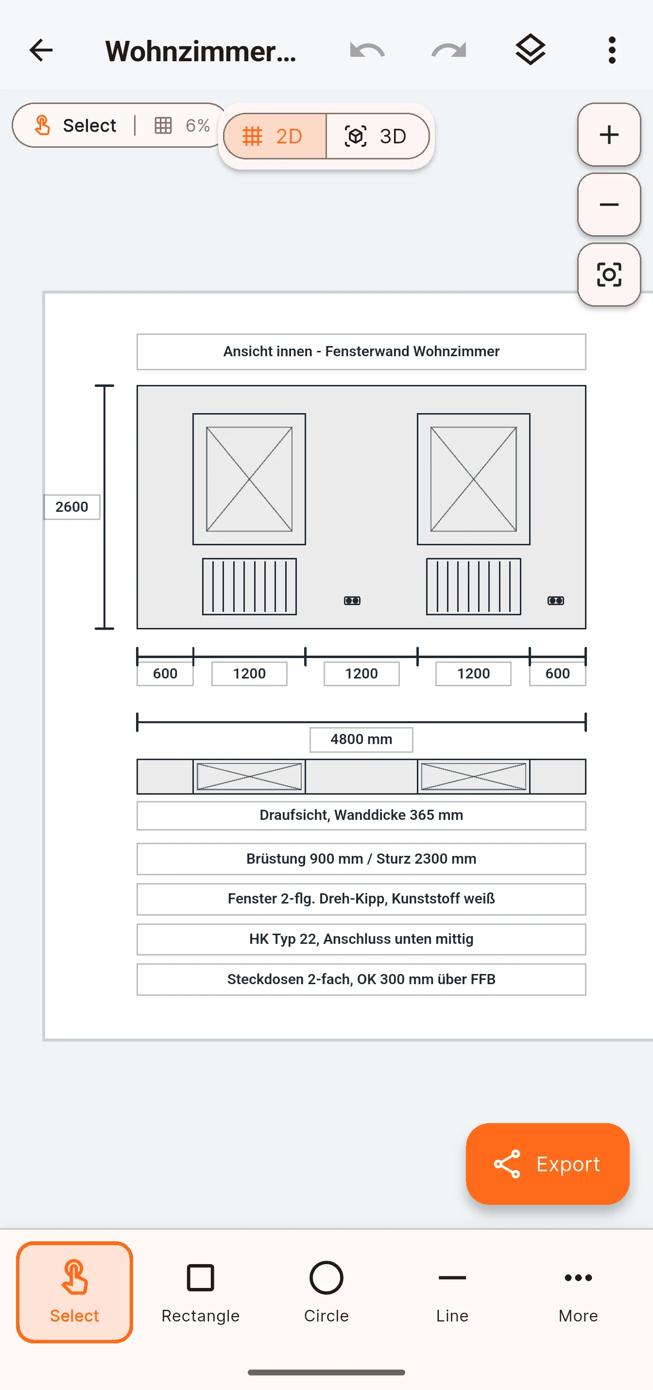 Wall view of a living room: two windows with radiators and sockets, dimension chains in millimetres and notes on sill, lintel, window and radiator type.