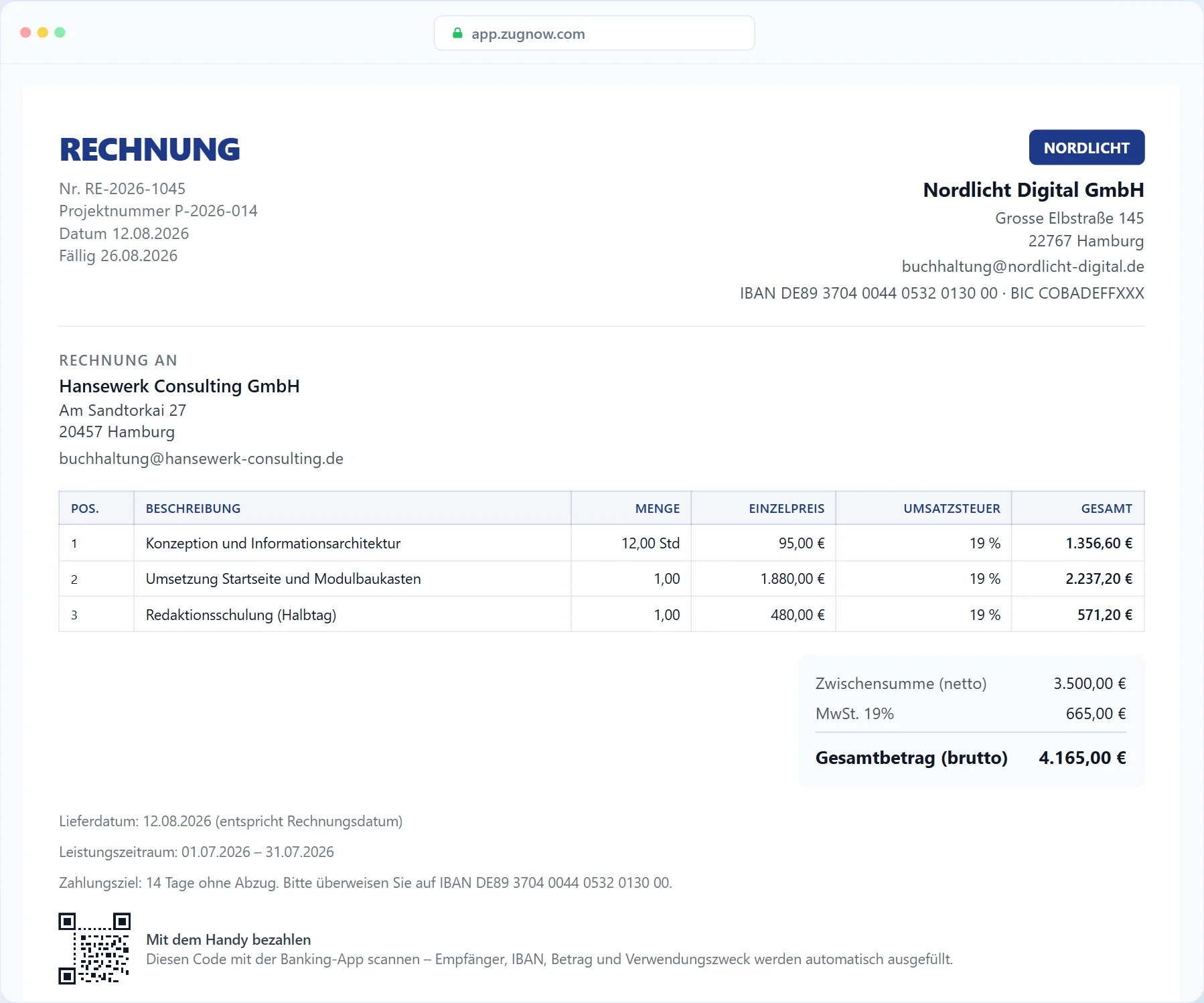 An invoice with three line items at 19 % VAT, net amount, total and a QR code for payment.