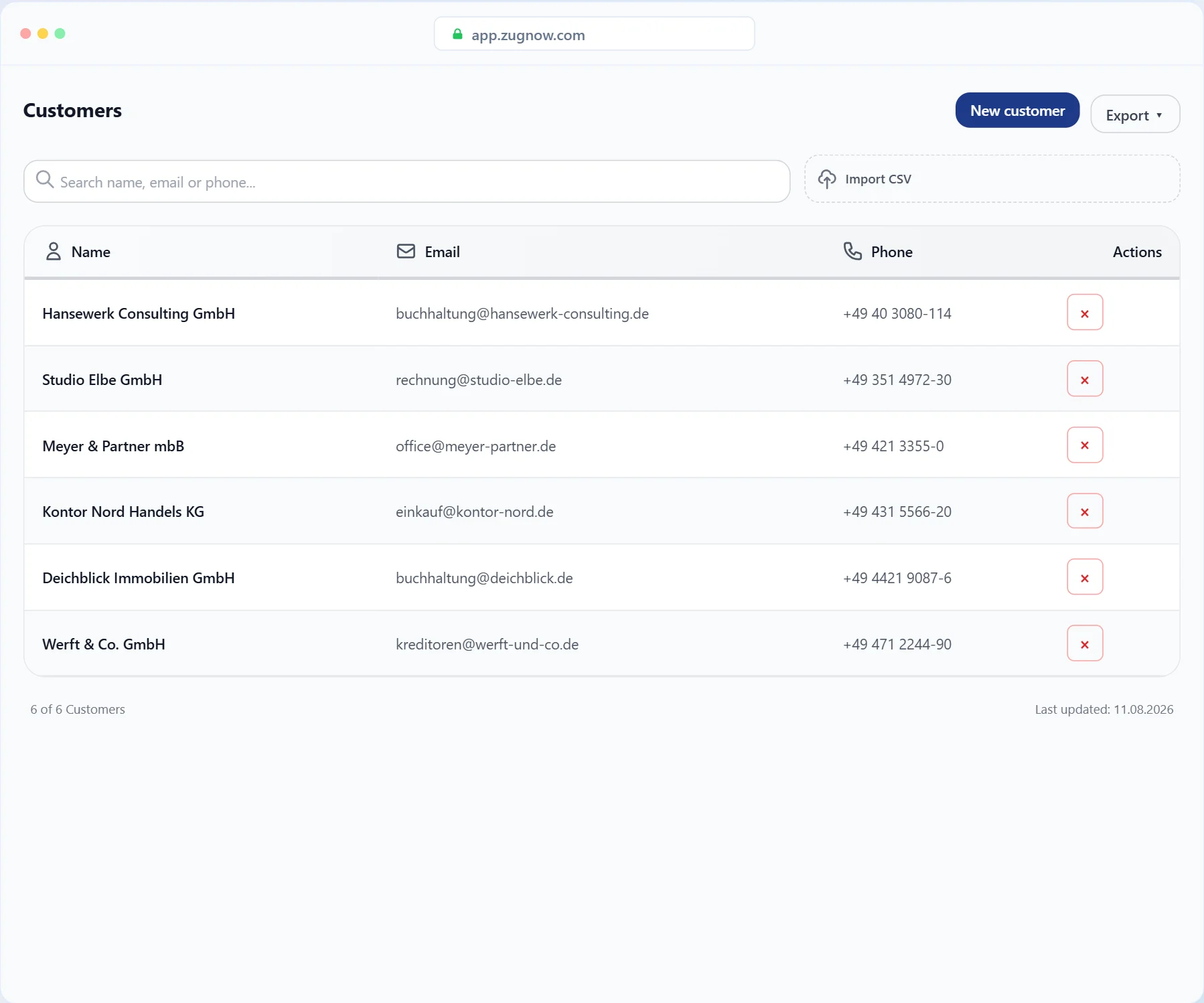 Customer list with email and phone; customers can be imported from a CSV file.