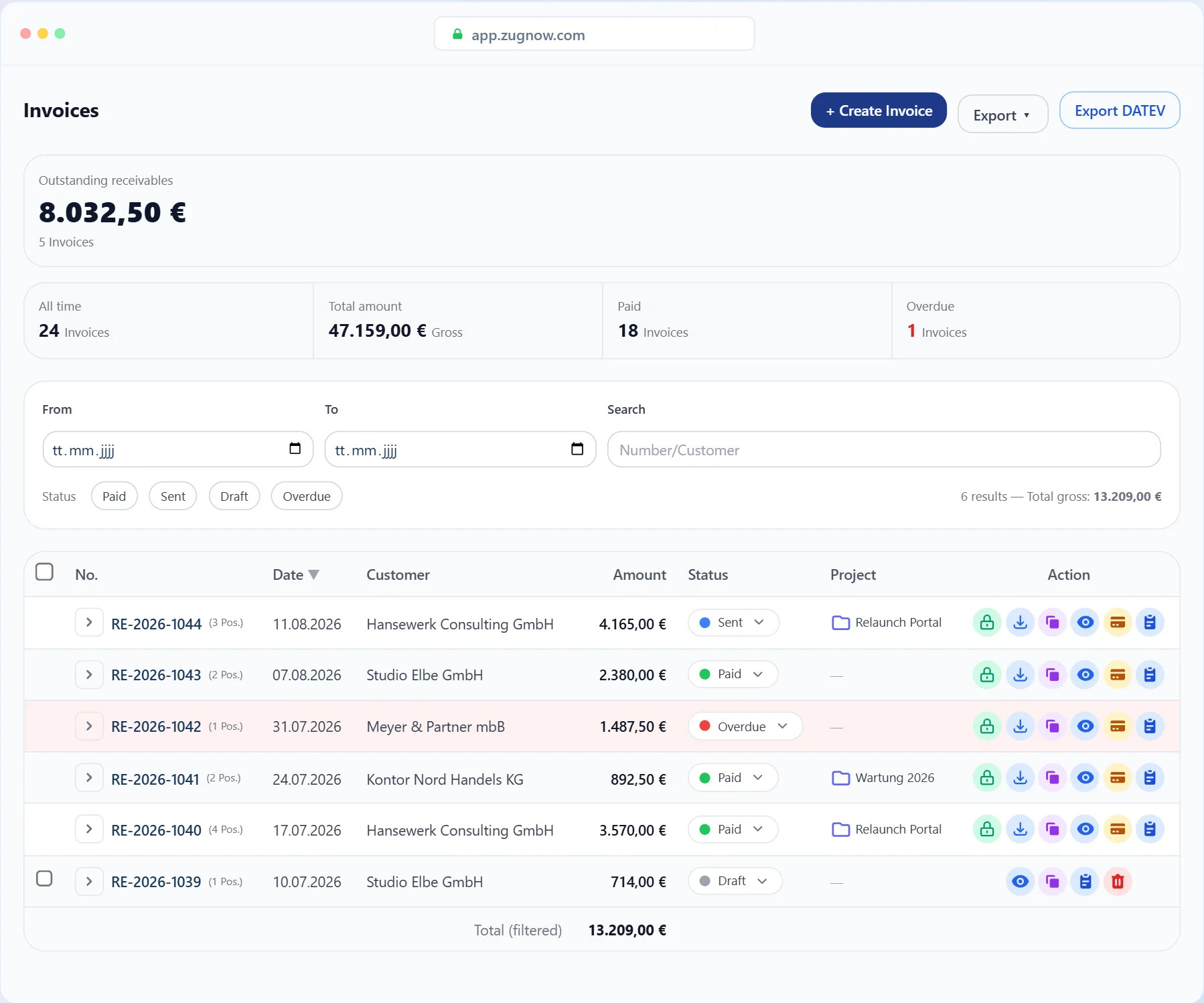 Invoice list with open receivables, totals, filters and the status of each invoice.