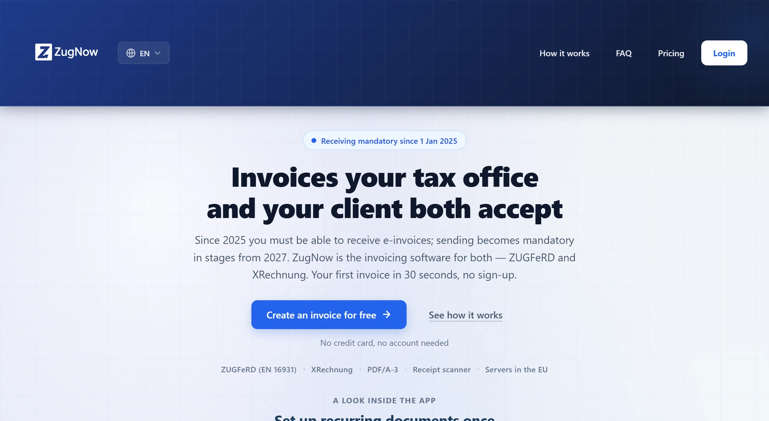 The start page of the ZugNow website with its headline, the button to create a first invoice and the supported formats.